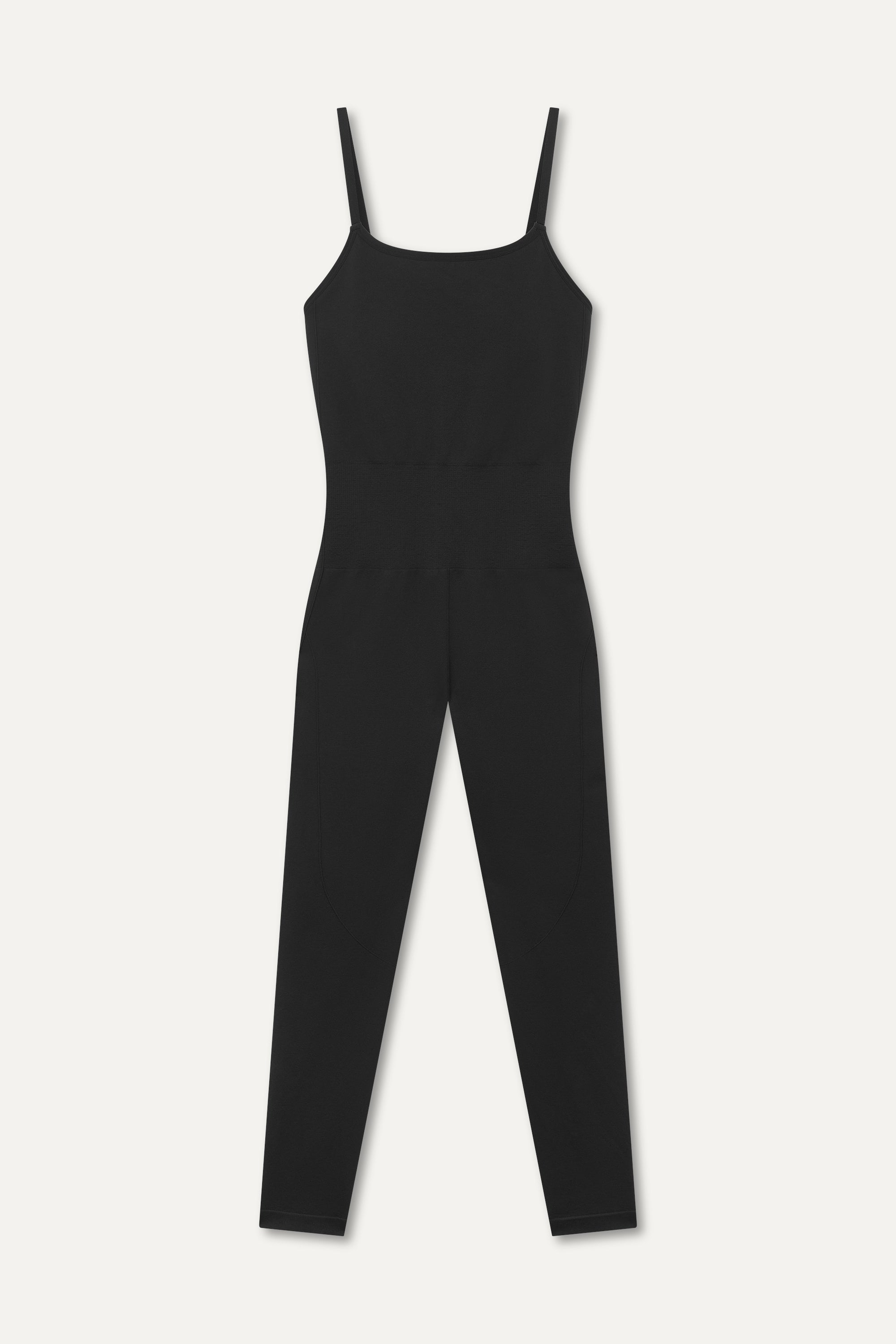 Jilla Active Dynamic Motion Motion black one-piece with adjustable straps, low cross-back design, removable pad and sculpting fit, crafted from recycled polyamide for a secure and flexible fit. Perfect for gym workouts, Pilates, or layering for casual wear.